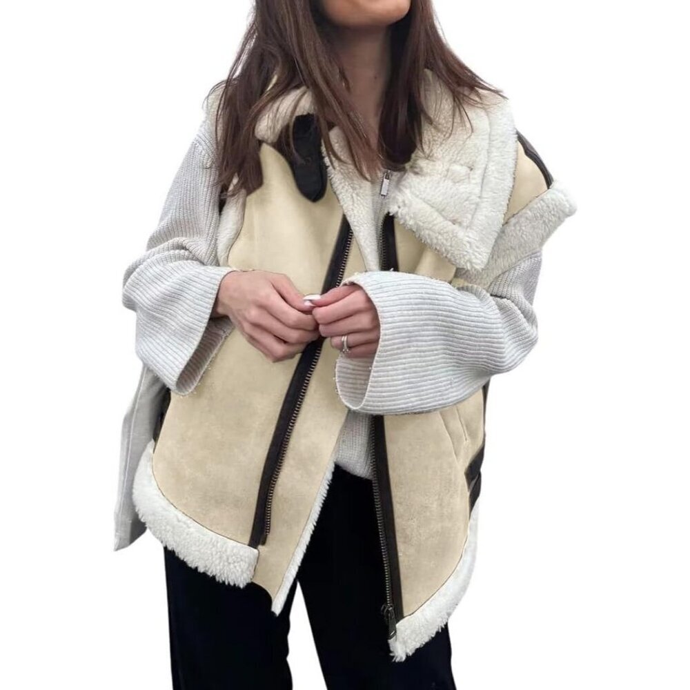 Women's Ivory Winter Warm Suede Sherpa Leather Vest Jacket Zip Up Sleeveless